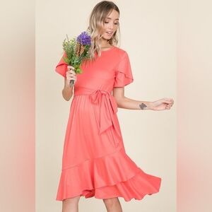 EUC Reborn Women’s Coral Ruffle-Hem Belted Dress - Small